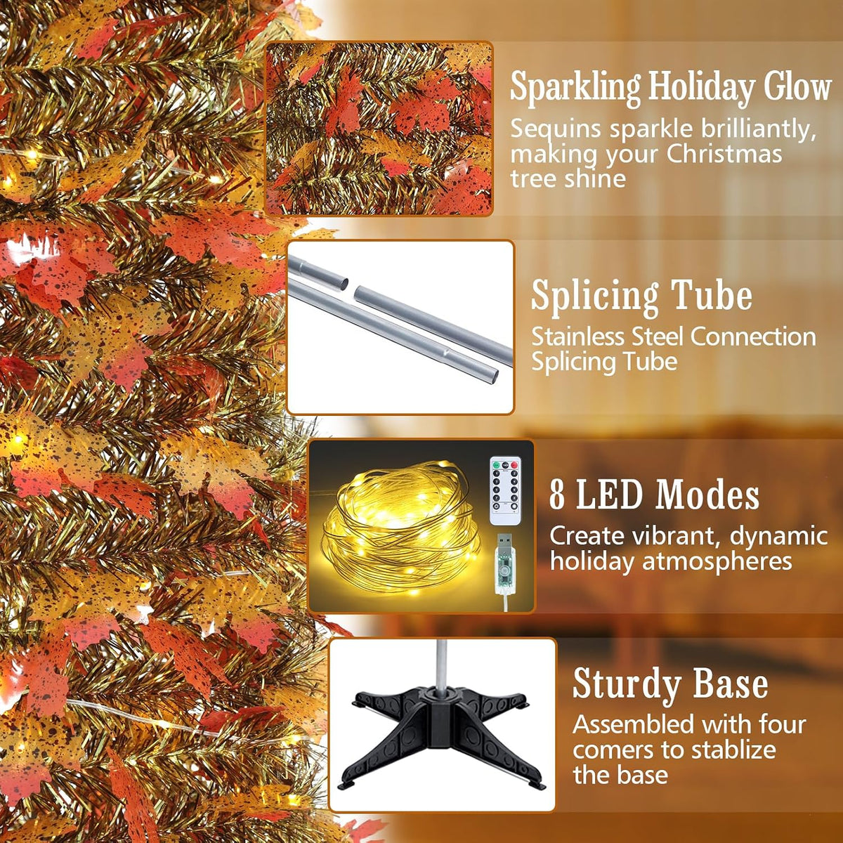 6 FT Pop Up Fall Tree with 100 LED Timer Lights & Pumpkin, Collapsible Maple Leaves Tinsel Thanksgiving Tree for Home Office Apartment Porch Autumn Christmas Holiday Decoration