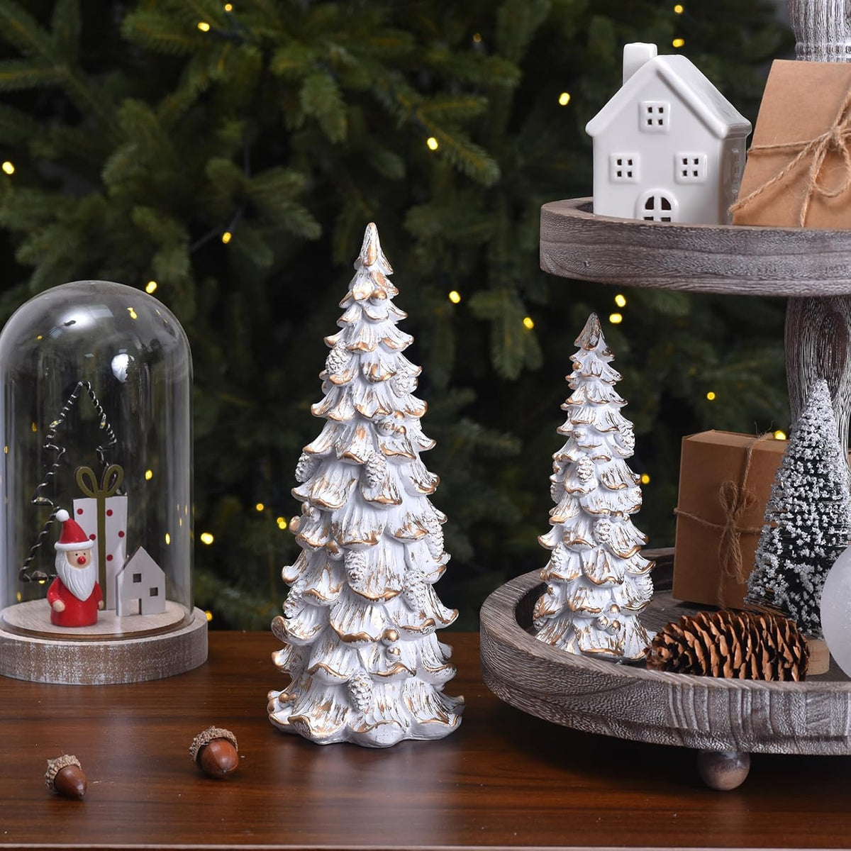 Resin Christmas Tree Figurines, 2pcs White & Gold Tabletop Christmas Trees with Pine Cones & Ornaments, Rustic Xmas Decorations for Home, Table Centerpieces, Mantel Shelf Display (white-gold)