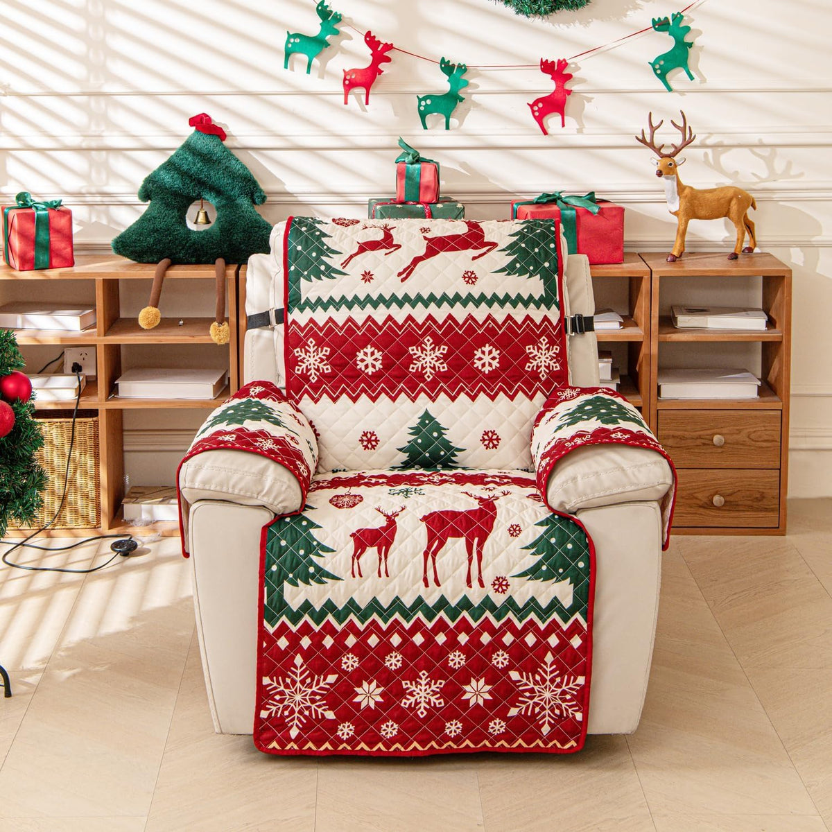 EVENHUG Christmas Sofa Cover for Festival Home Decorations Slipcover Furniture Protector Washable Couch Cover with Non Slip and Elastic Straps for Kids Pets Dogs (Recliner)