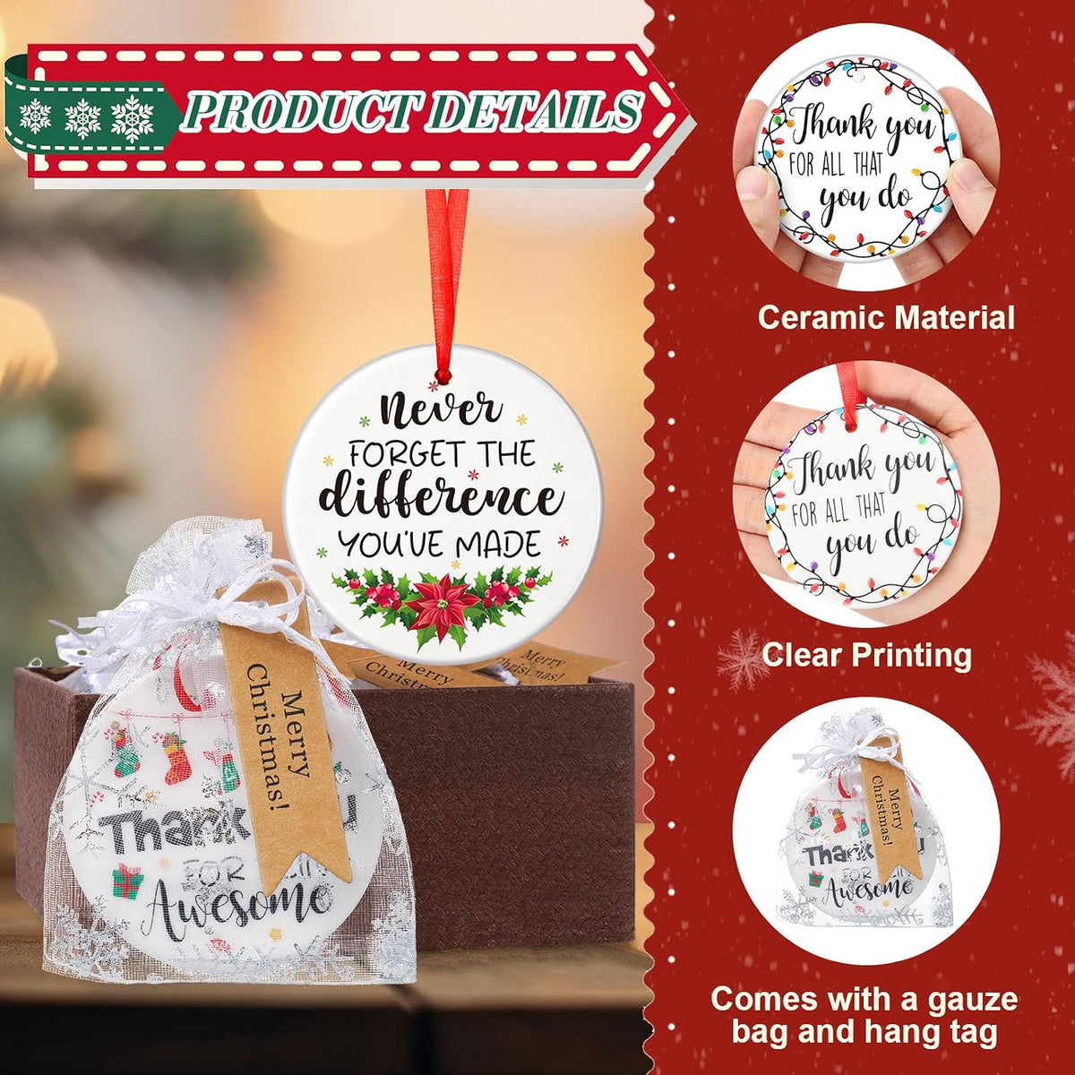 Barydat 24 Set Ceramic Christmas Appreciation Gifts for Coworkers, Thank You Ceramic Ornaments Xmas Tree Hanging Ornaments with Tags and Bag for Coworker Office Friendship Xmas Tree Decor (Classic)