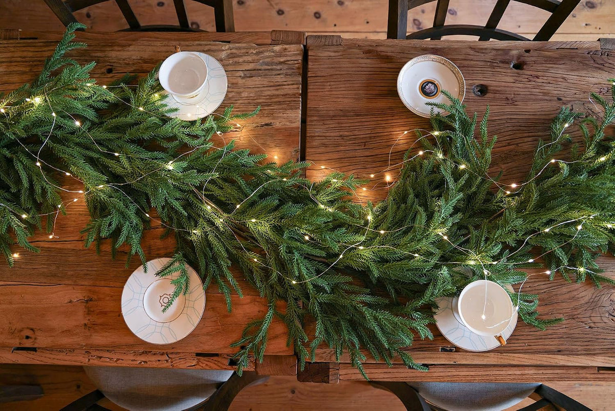 MISSPIN Christmas Garland with Lights, Real Touch Winter Pine Garland, Green Artificial Greenery Garland for Table, Mantle, Wall, Indoor, Outdoor Christmas Decorations