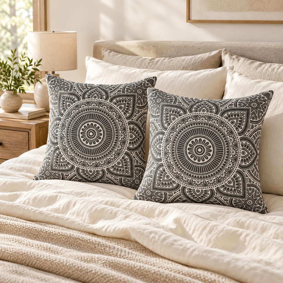 TreeWool 2-Pack Cotton Mandala Throw Pillow Covers (18" x 18" | Graphite)