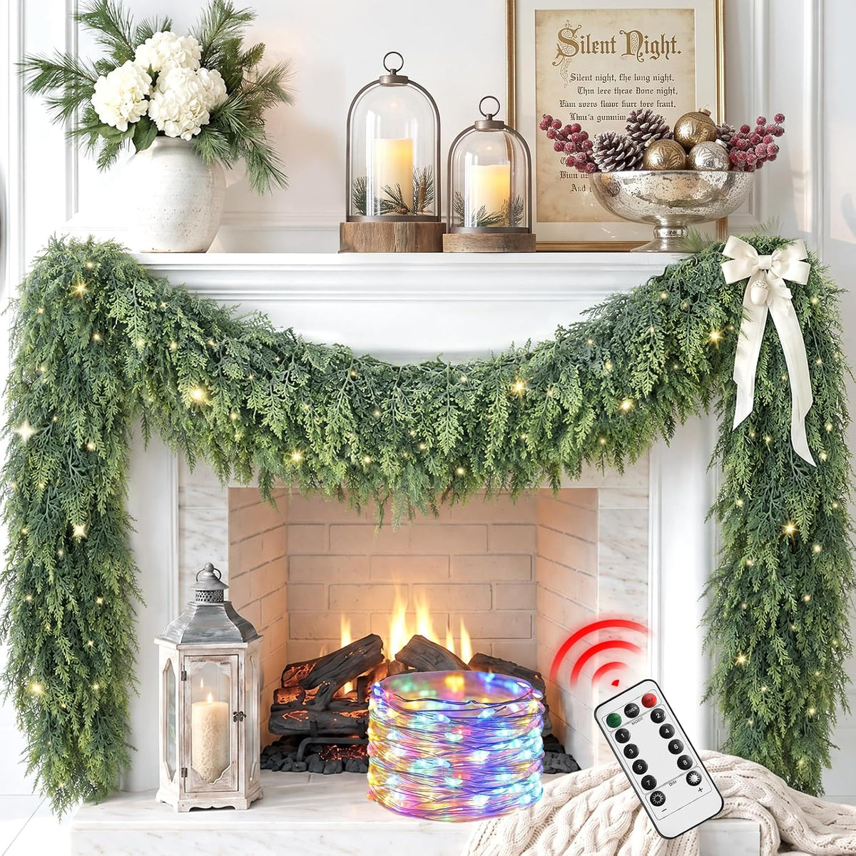 9Ft Prelit Real Touch Cedar Christmas Garland with Lights for Mantle Decor