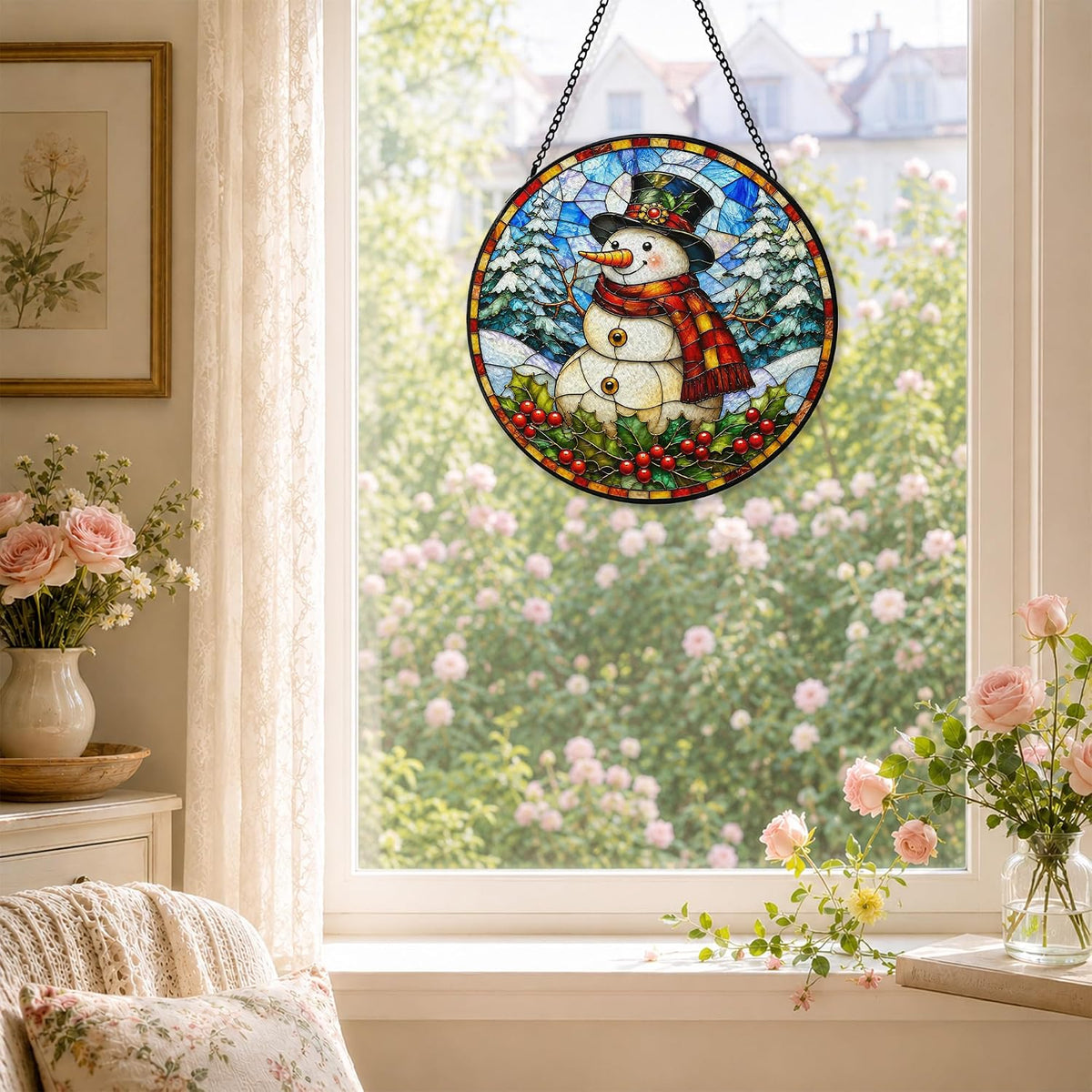 Farmhouse Christmas Snowman Sun Catcher Indoor Window, Christmas Stained Glass Window Hanging, Rustic Snowy Winter Xmas Snowman Forest Suncatcher Decor for Home Room Garden 7.8x7.8in