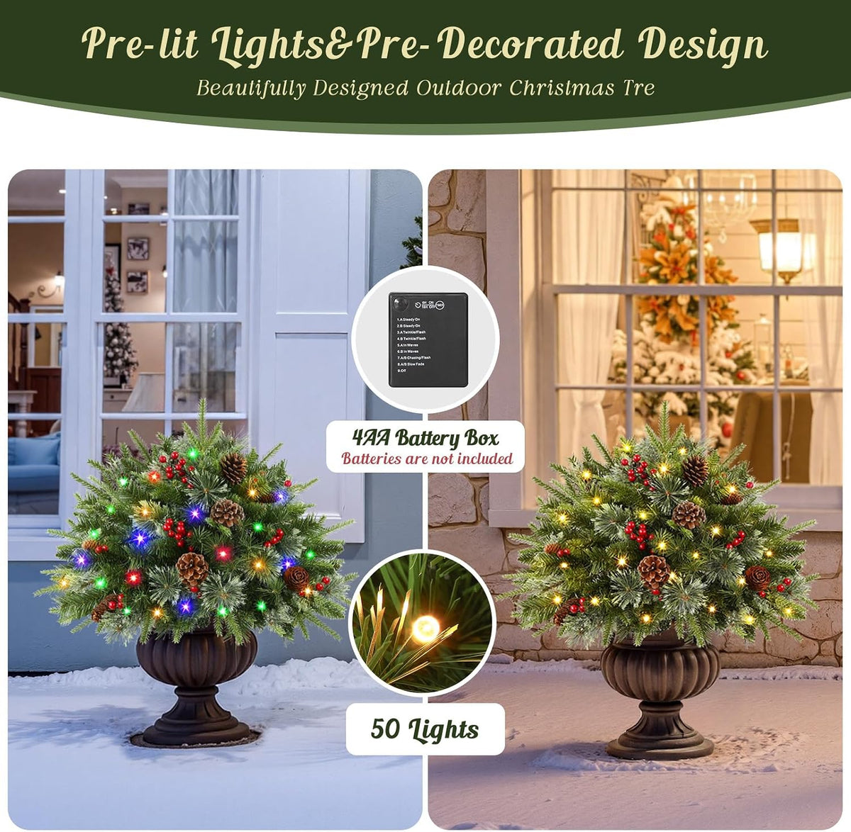 2 Pack Pre-lit Artificial Christmas Urn Filler, 18IN Outdoor Christmas Tree