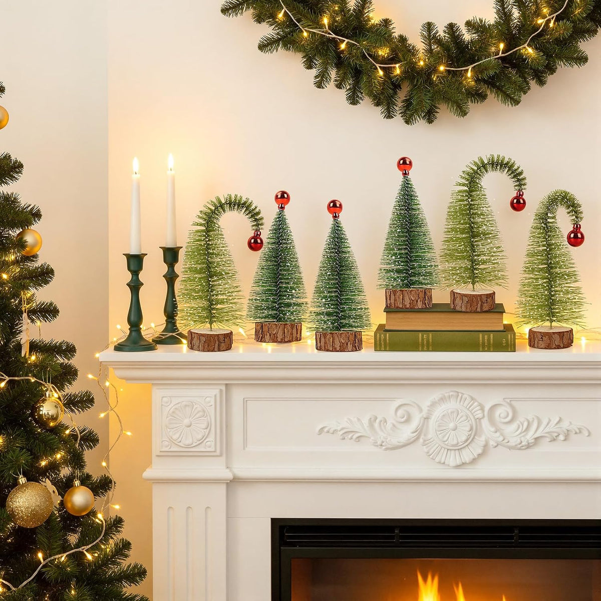 6 Pack 7" Mini Christmas Trees Curved & Straight Bottle Brush Sisal Trees