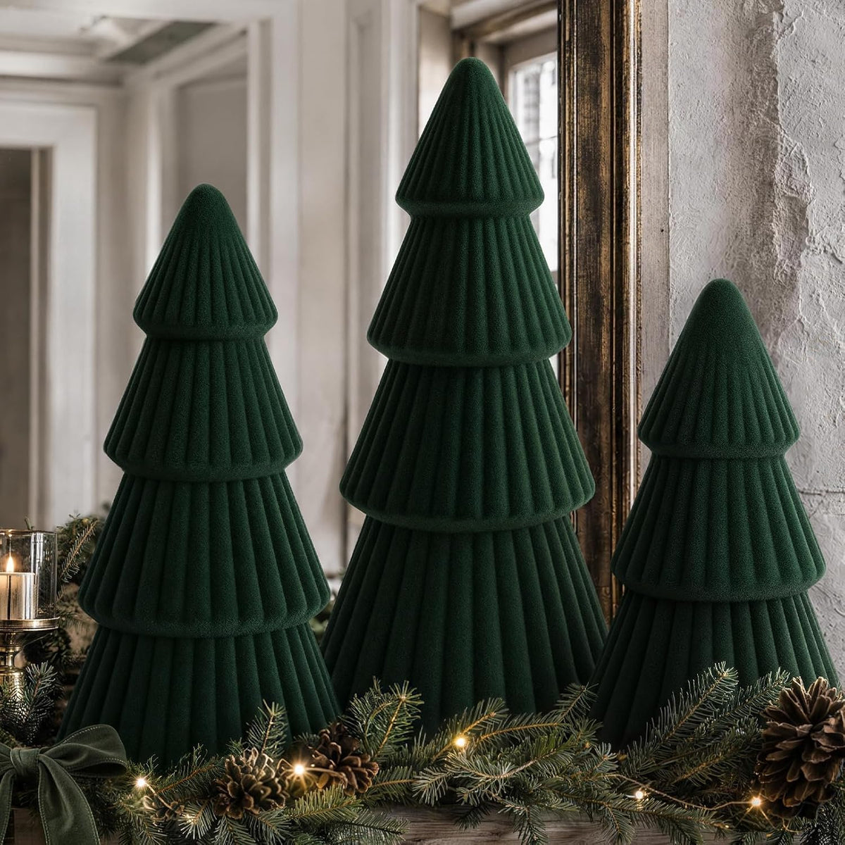Christmas Decorations - Set of 3 Velvet Ceramic Christmas Trees (Green)