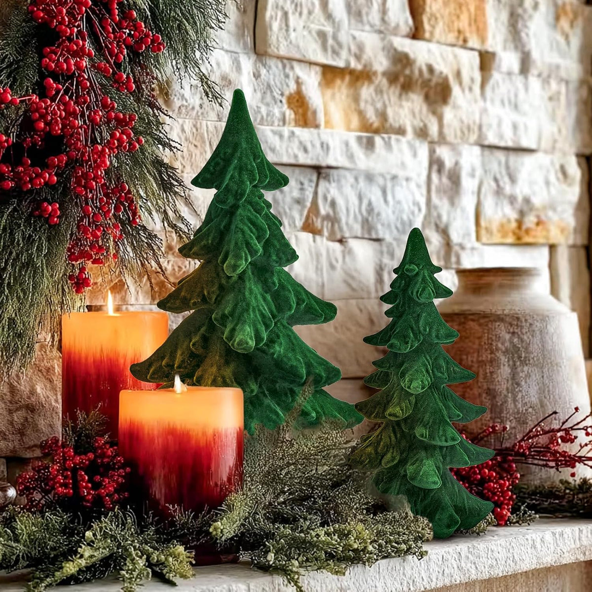 DN DECONATION Flocked Christmas Tree Figurines, Green Velvet Xmas Trees