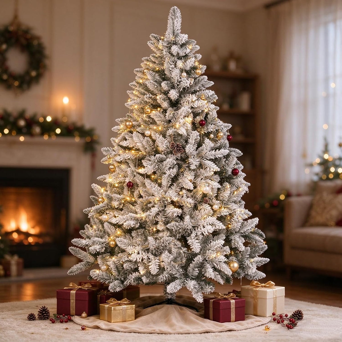 SUNCROWN 6ft Artificial Flocked Christmas Tree Premium Frosted Snow Christmas Tree Hinged Xmas Tree Holiday Decor for Indoor Outdoor, Foldable Metal Stand, 1000 Branch Tips, White