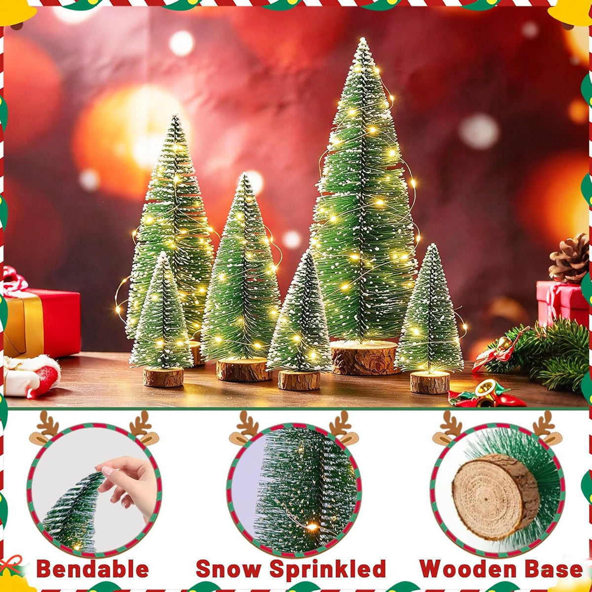 Mini Christmas Tree with Lights, Small Table Top Decorations, Desktop Miniature Pine Tree Xmas Holiday Decor Indoor Home, Bottle Brush Trees with Wooden Base, 6 Pcs with Light