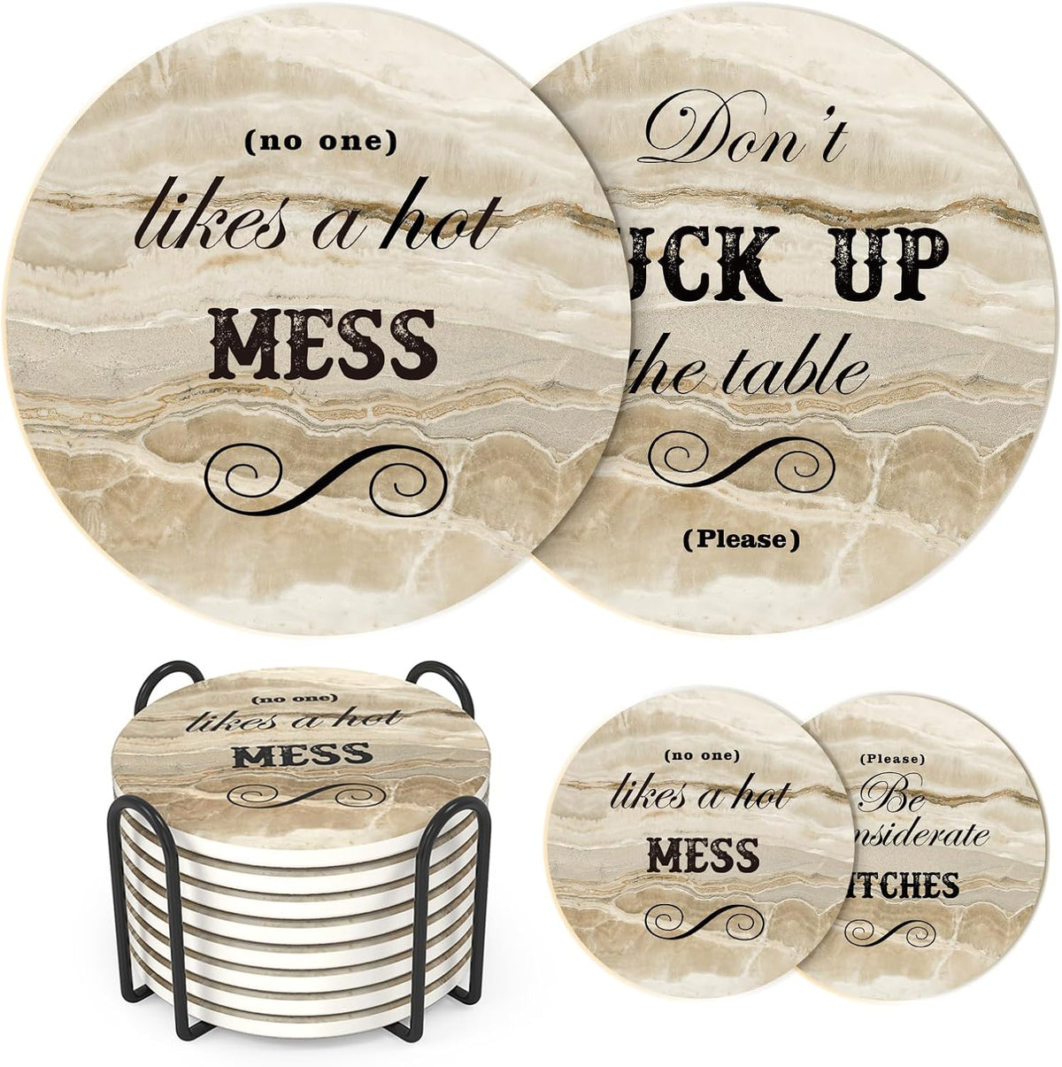 White Elephant Gifts for Adults, Funny Coasters Set of 8, Funny Gag Gifts for Adults, Christmas House Warming Gift New Home, Marble Style Absorbent Drink Coasters with Cork Base, Home Decor, 4 inches