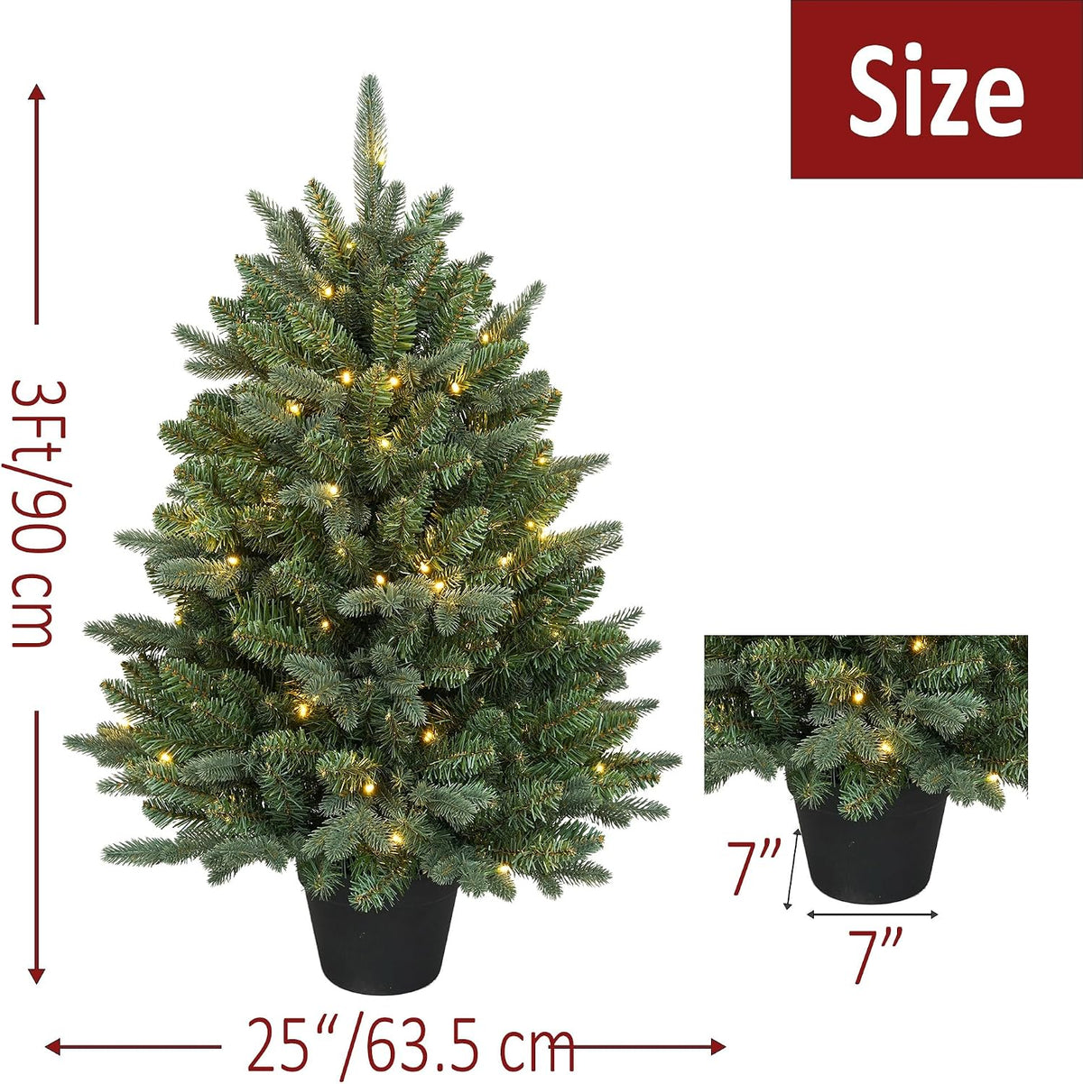 HomeKaren 3Ft Pre-Lit Artificial Christmas Tree Tabletop with 70 Warm Lights Battery Operated, Greenery Potted Christmas Tree for Indoor, Porch, Outdoor