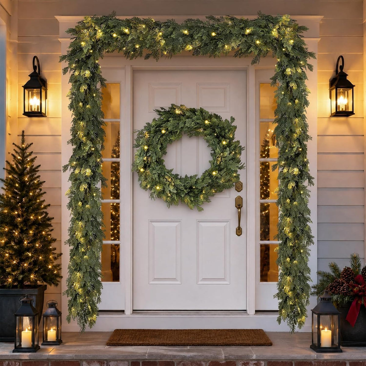 Pre-Lit Christmas Garland 9FT Decorations Real Touch Cedar Cypress Pine Greenery Artificial Green Christmas Garland with Lights for Mantle, Fireplace, Table, Stairs, Door, Indoor Outdoor Decorations
