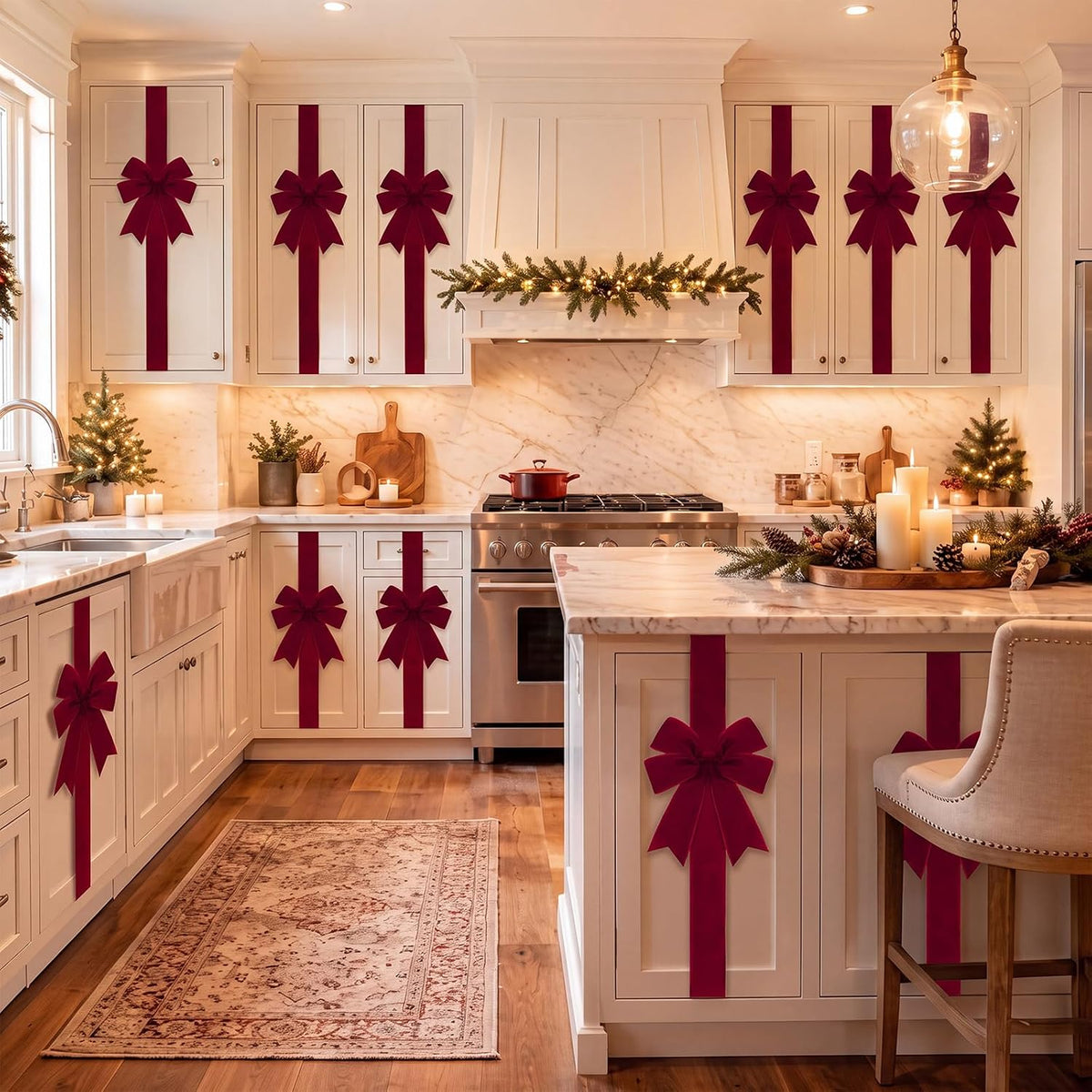 Daifunli 6 Pcs Burgundy Velvet Christmas Cabinet Bows Ribbons for Kitchen