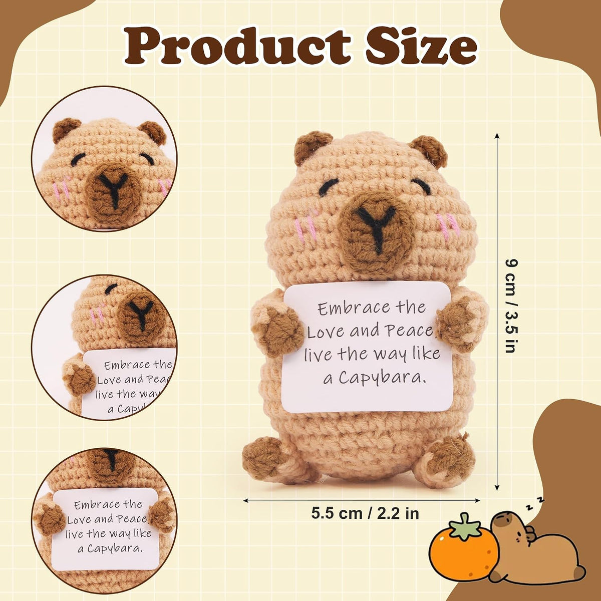 Capybara Gifts, Positive Crochet Animals Capybara, Knitted Wool Capybara Toy with Positive Card, Cheer Up for Friends, Women, Girls and Boys as Birthday Christmas