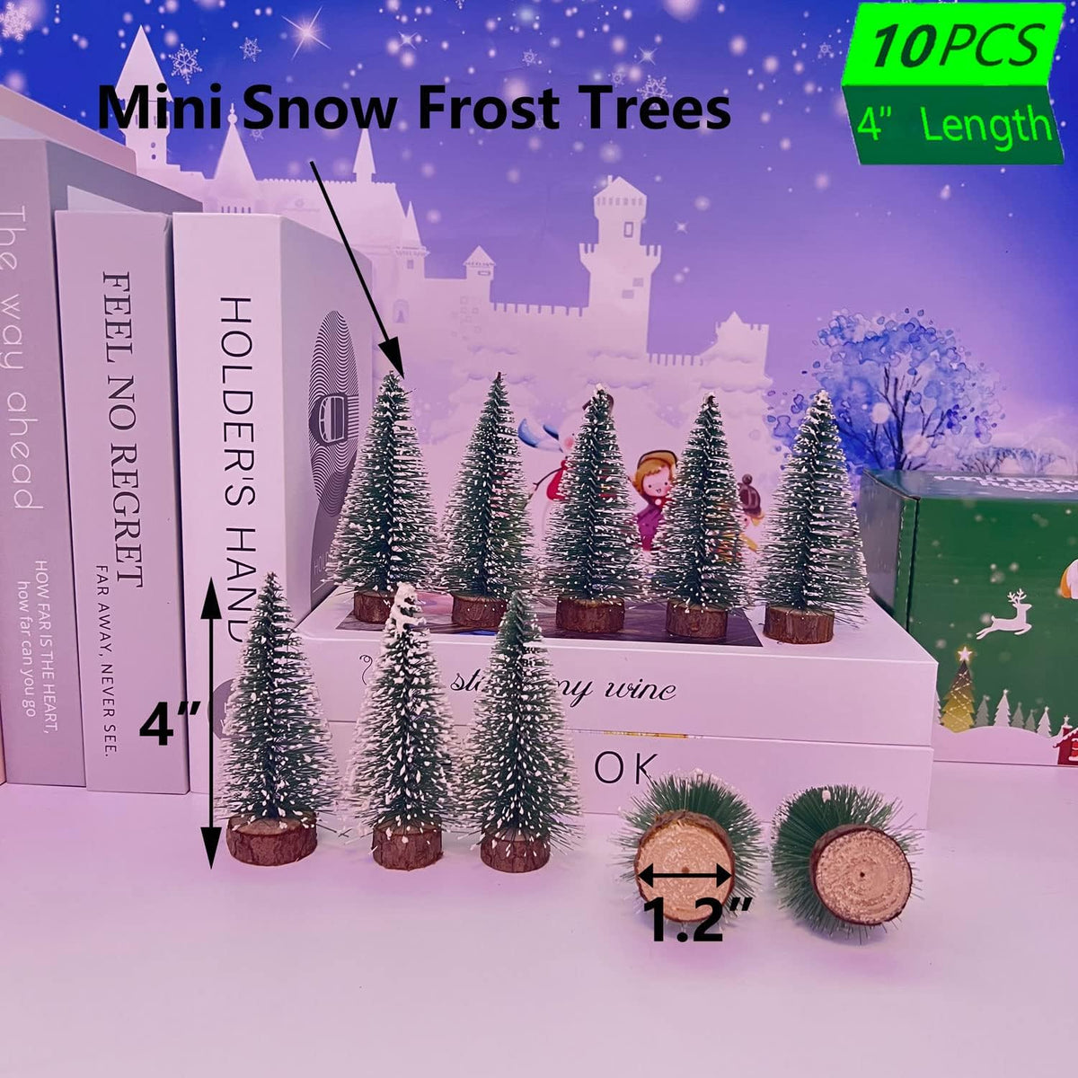10pcs 4inch Mini Christmas Tree Bottle Brush Trees Chrismas Village Trees Ornaments Mini Plastic Christmas Trees with Wooden Base for Christmas Decoration Miniature Chrismas Tree (Green)