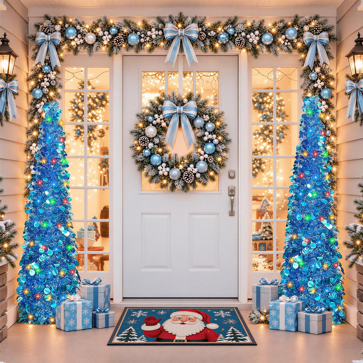 5 FT Pencil Christmas Tree, Collapsible Artificial Sequin Pop Up Christmas Tree, Skinny Pencil Tinsel Christmas Trees, Xmas Tree for Home Apartment Basement Fireplace (Pure Blue)