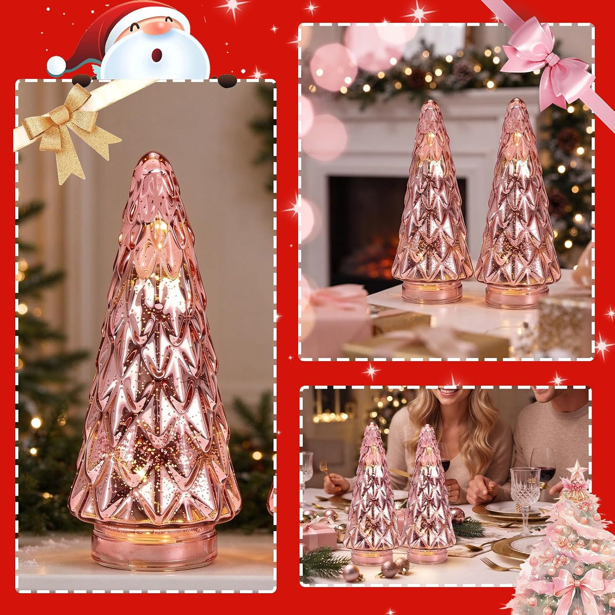 Mercury Glass Christmas Tree, 2-Pack Lighted Xmas Tree Decorations, Holiday Centerpiece Battery Operated LED with Timer, Decorative for Tabletop Window Mantel Display Party Indoor Home Decor (Pink)