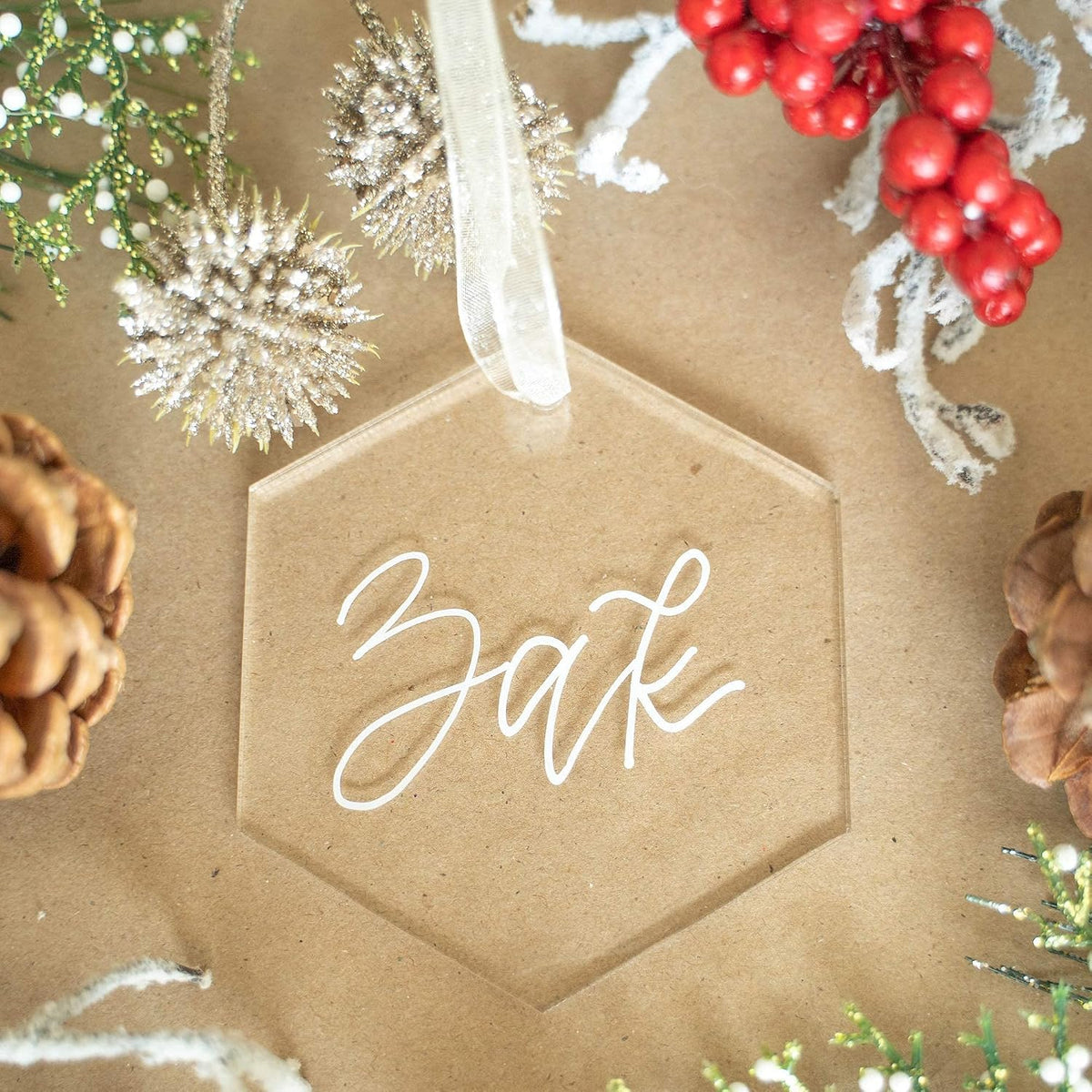 UNIQOOO 18 Pack 3'' Clear Hexagon Acrylic Christmas Ornament, 4mm Extra Thick, DIY Blank Xmas Bauble Hanging Tree Decoration, Stocking Name Tag, Memento