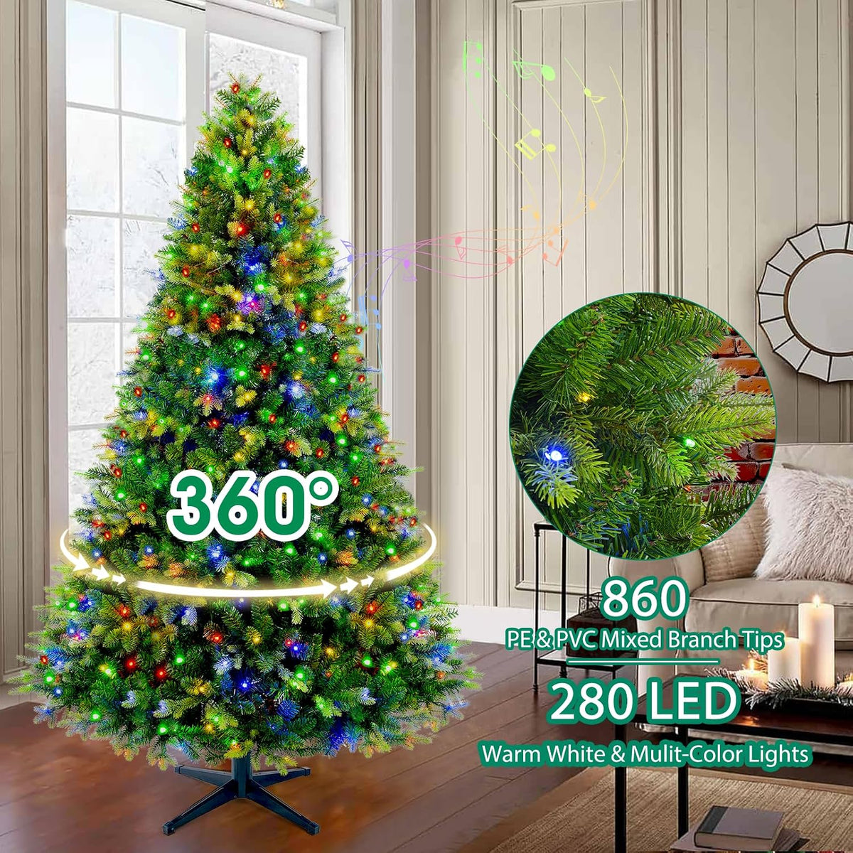 360Â° Rotating Prelit Christmas Tree 6ft - Musical Artificial Christmas Tree with Remote Control, 860 PE & PVC Mixed Tips, 8 Modes 280 Multicolor LED Lights for Holiday Decor
