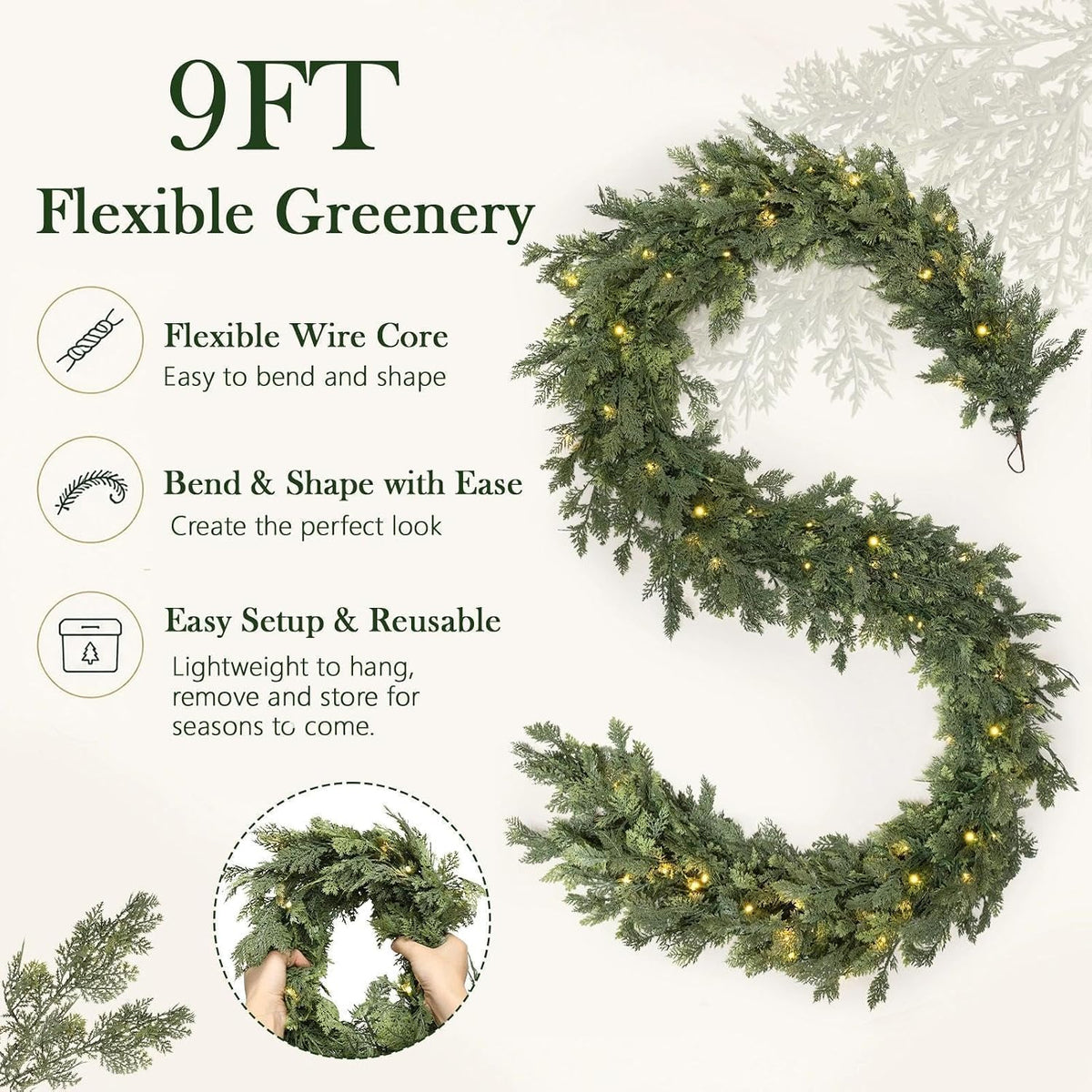 Pre-Lit Christmas Garland 9FT Decorations Real Touch Cedar Cypress Pine Greenery Artificial Green Christmas Garland with Lights for Mantle, Fireplace, Table, Stairs, Door, Indoor Outdoor Decorations