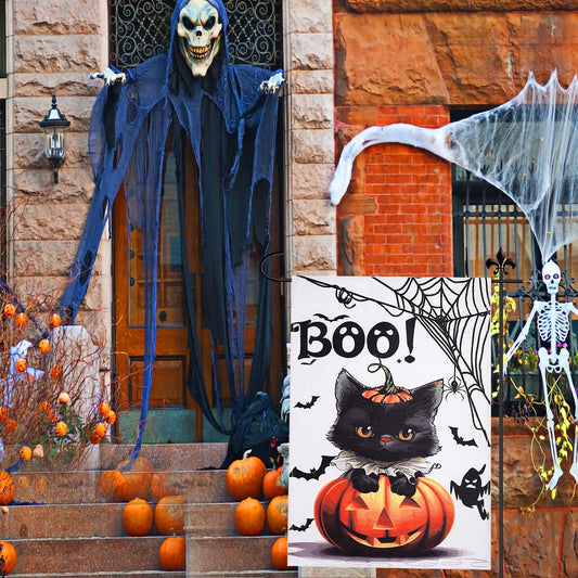 12×18 in Double-Sided Halloween Garden Flag Pumpkin, Ghost & Black Cat Yard Décor | USA Decoration®