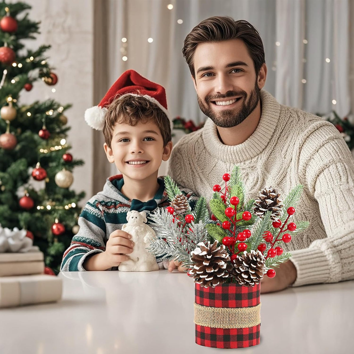 Small Tabletop Christmas Tree, Artificial Mini Christmas Tree Decorations with Pine Cones Red Berries and Green Plants, Suitable for Christmas Decorations Indoor Tables in Households