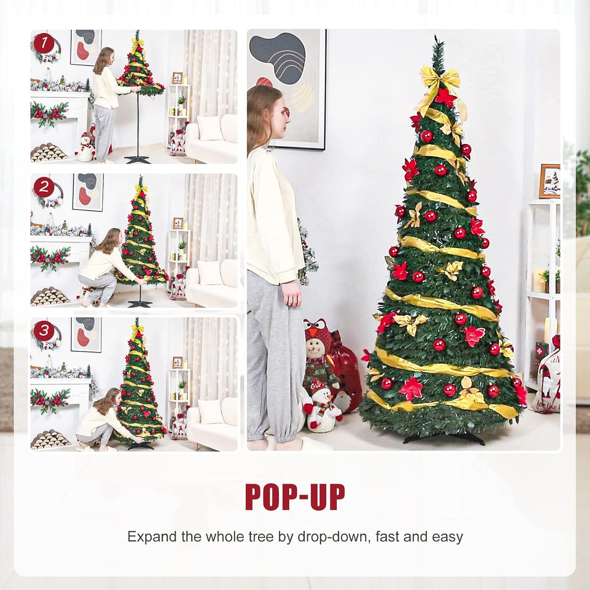 Decoway Pre Lit Christmas Tree: Pop Up 6 FT Warm White LED Lights (Yellow)