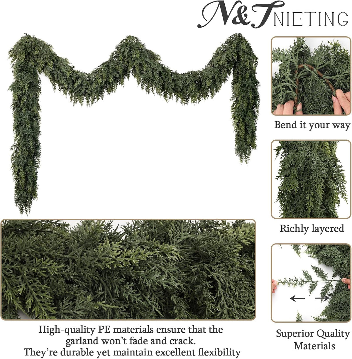 9Ft Christmas Cedar Garland, Real Touch Soft Greenery Christmas Decorations
