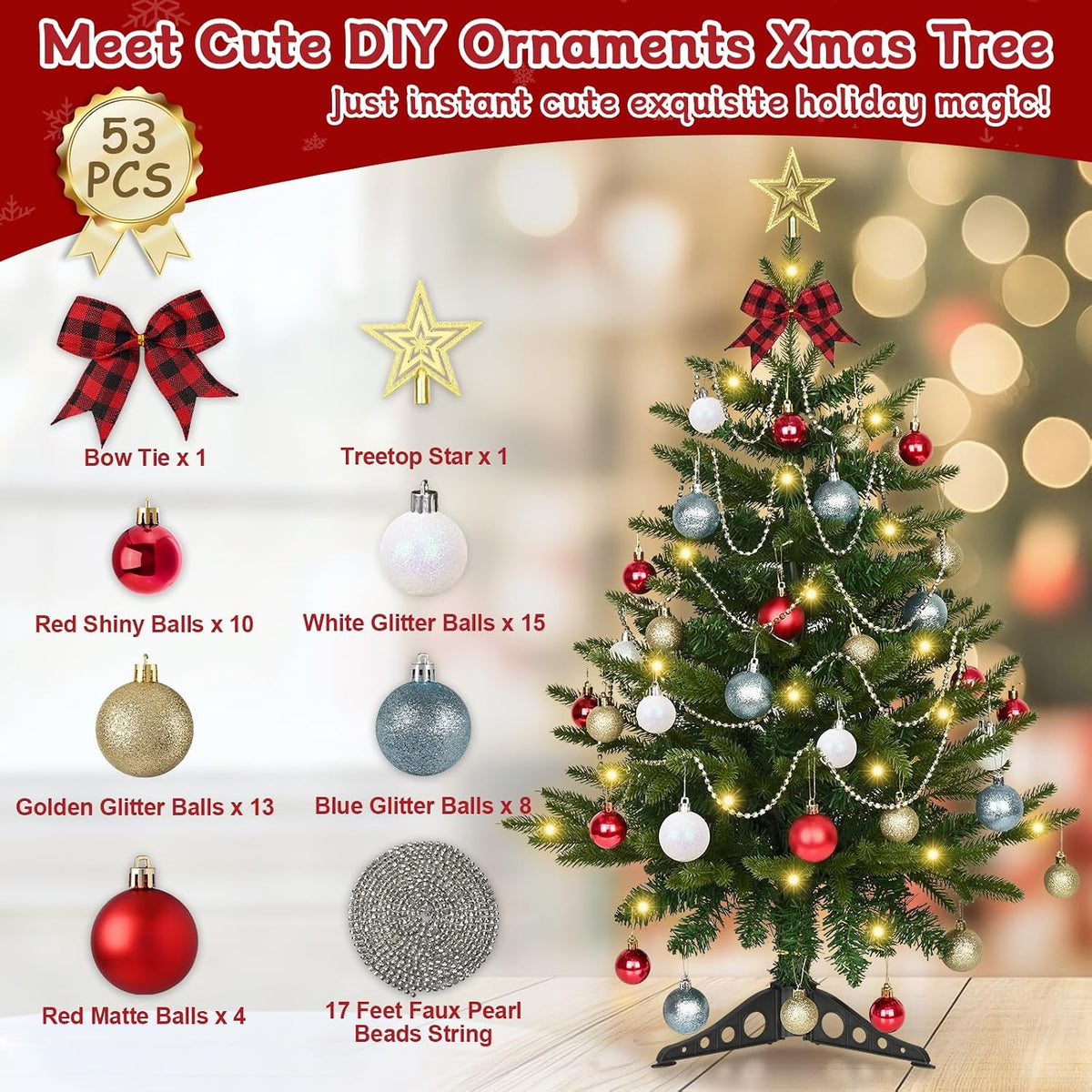 Uspring 3FT Small Christmas Tree with Lights, Artificial Table Top Christmas Tree with 50 LED Lights and Hanging DIY Ornaments, Mini Xmas Trees for Indoor Holiday Home Party Decorations