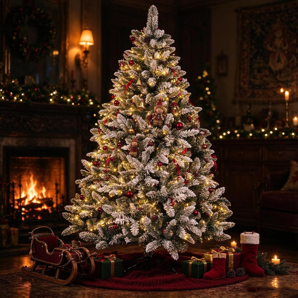 SUNCROWN 6ft Artificial Flocked Christmas Tree Premium Frosted Snow Christmas Tree Hinged Xmas Tree Holiday Decor for Indoor Outdoor, Foldable Metal Stand, 1000 Branch Tips, White