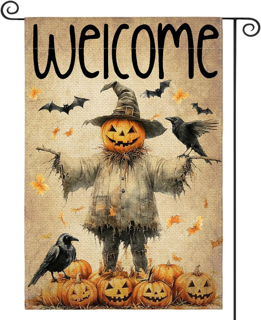 12×18 in Double-Sided Halloween Flag Jack-o?-lantern & Scarecrow Welcome | USA Decoration®
