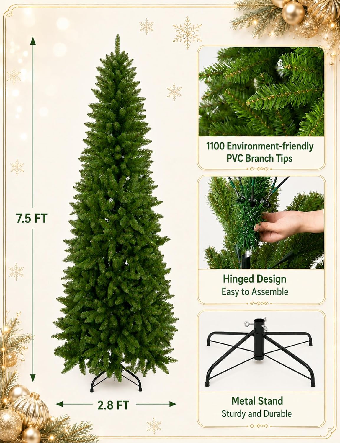7.5ft Artificial Pencil Slim Christmas Tree, Includes Metal Stand, Kingswood Fir, Easy Assembly with Hinge