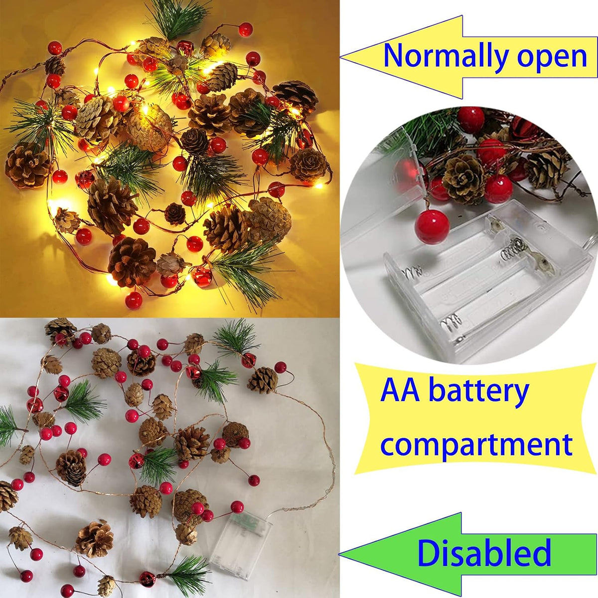 Christmas Garland with Lights, 10 Ft 30 LED Pine Cone Red Berry Decorations