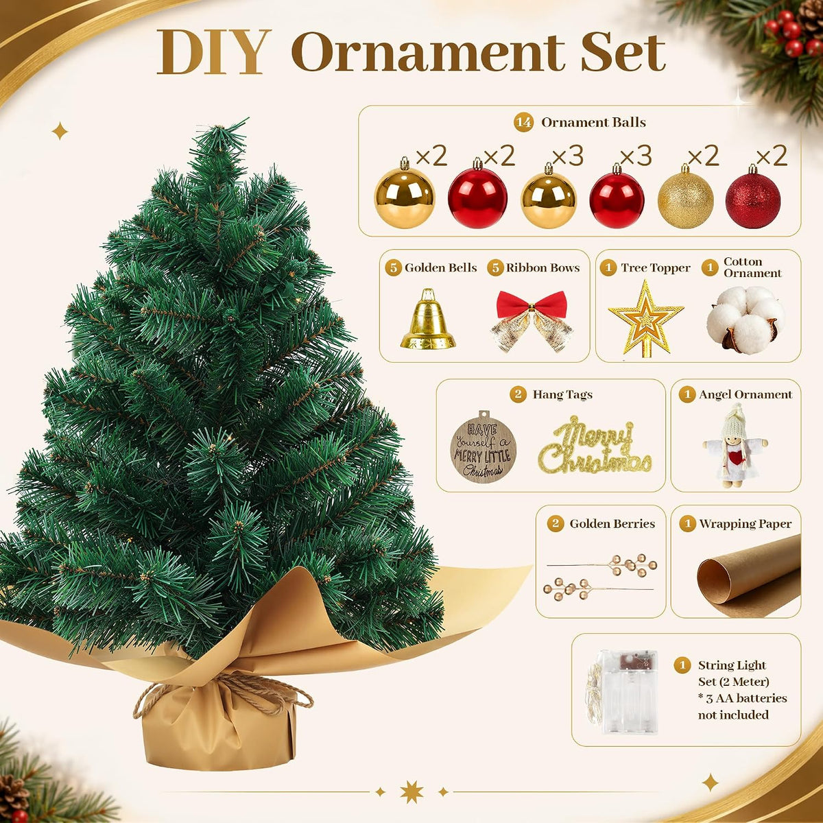WISELIFE 24" Mini Tabletop Christmas Tree with Lights & Ornaments - Artificial Small Xmas Tree with Angel Decor, Desktop Christmas Decorations for Table, Office, Bedroom, Small Spaces