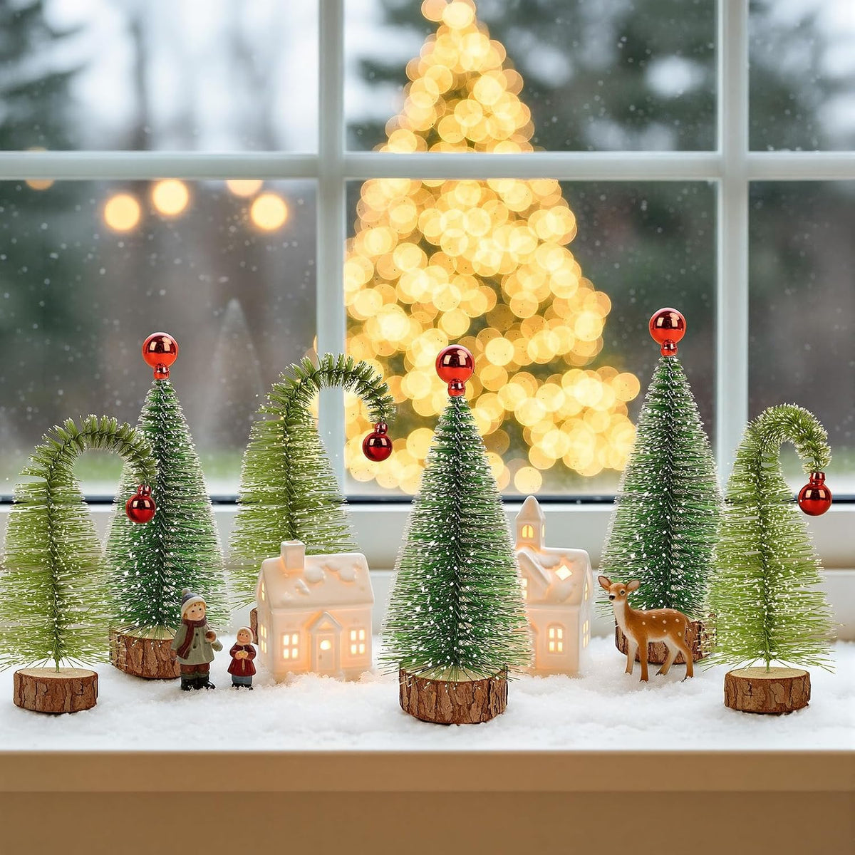 6 Pack 7" Mini Christmas Trees Curved & Straight Bottle Brush Sisal Trees