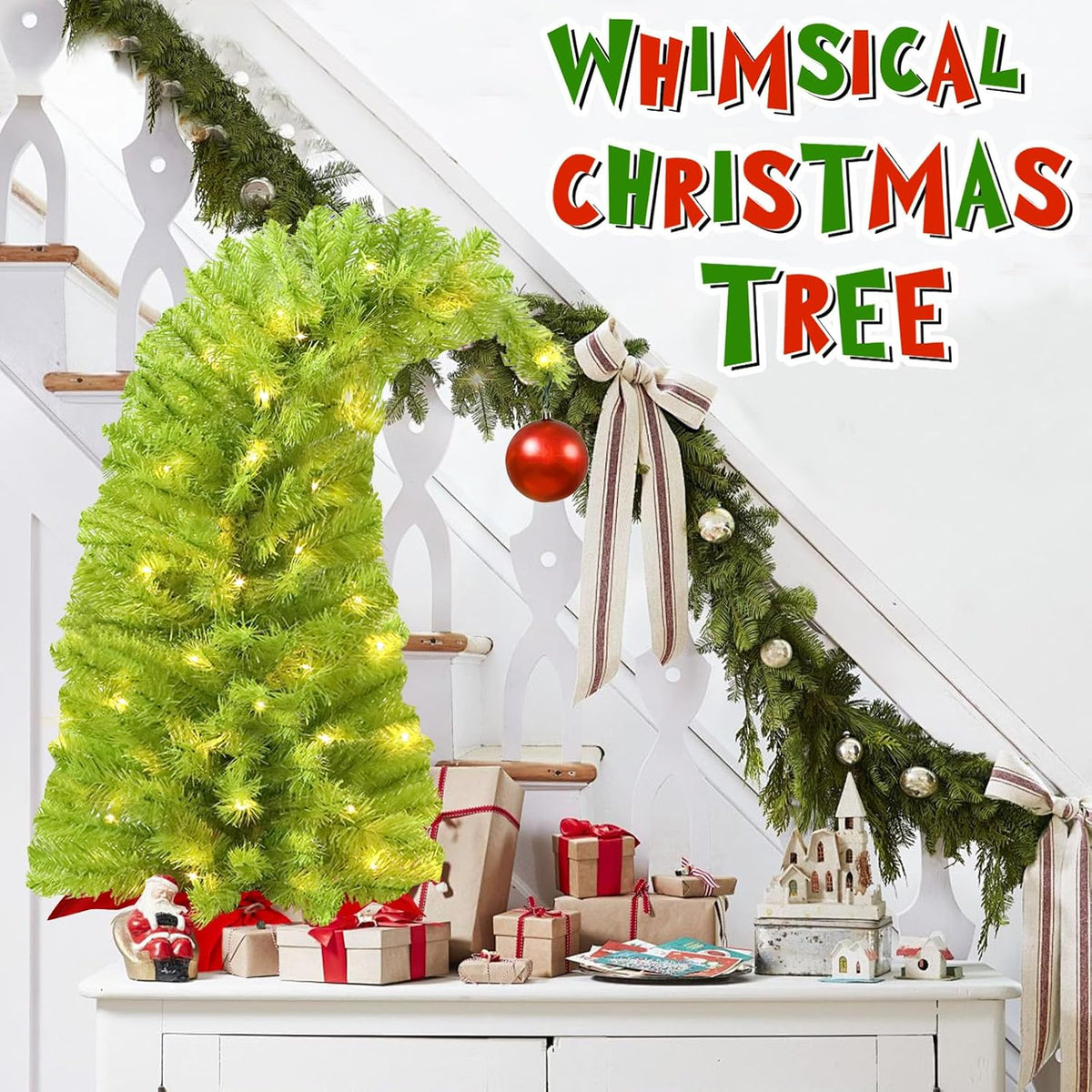 Whimsical Table Top Small Christmas Tree, 2 FT Bendable Lime Green Christmas Tree with Lights and Red Ball, Curved Shape Artificial Tabletop Tree for Home Office Holiday Party Decoration