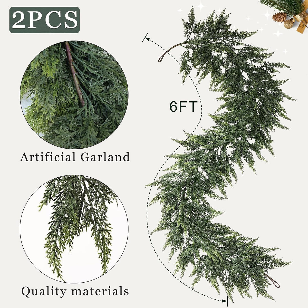 2 Pcs 6 FT Artificial Christmas Cedar Garland for Mantle Home Decoration
