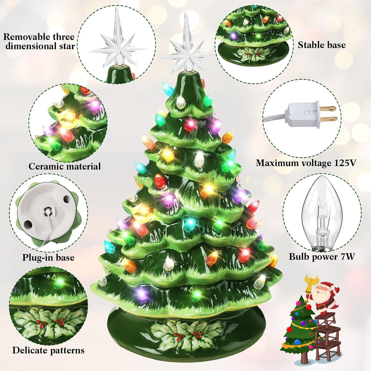 Ganeen 15 Inch Ceramic Christmas Tree with 66 Multicolored Lights Hand Painted Tabletop Christmas Tree Vintage Xmas Decorations for Table Desk Countertop Mantel Home Office(Green)