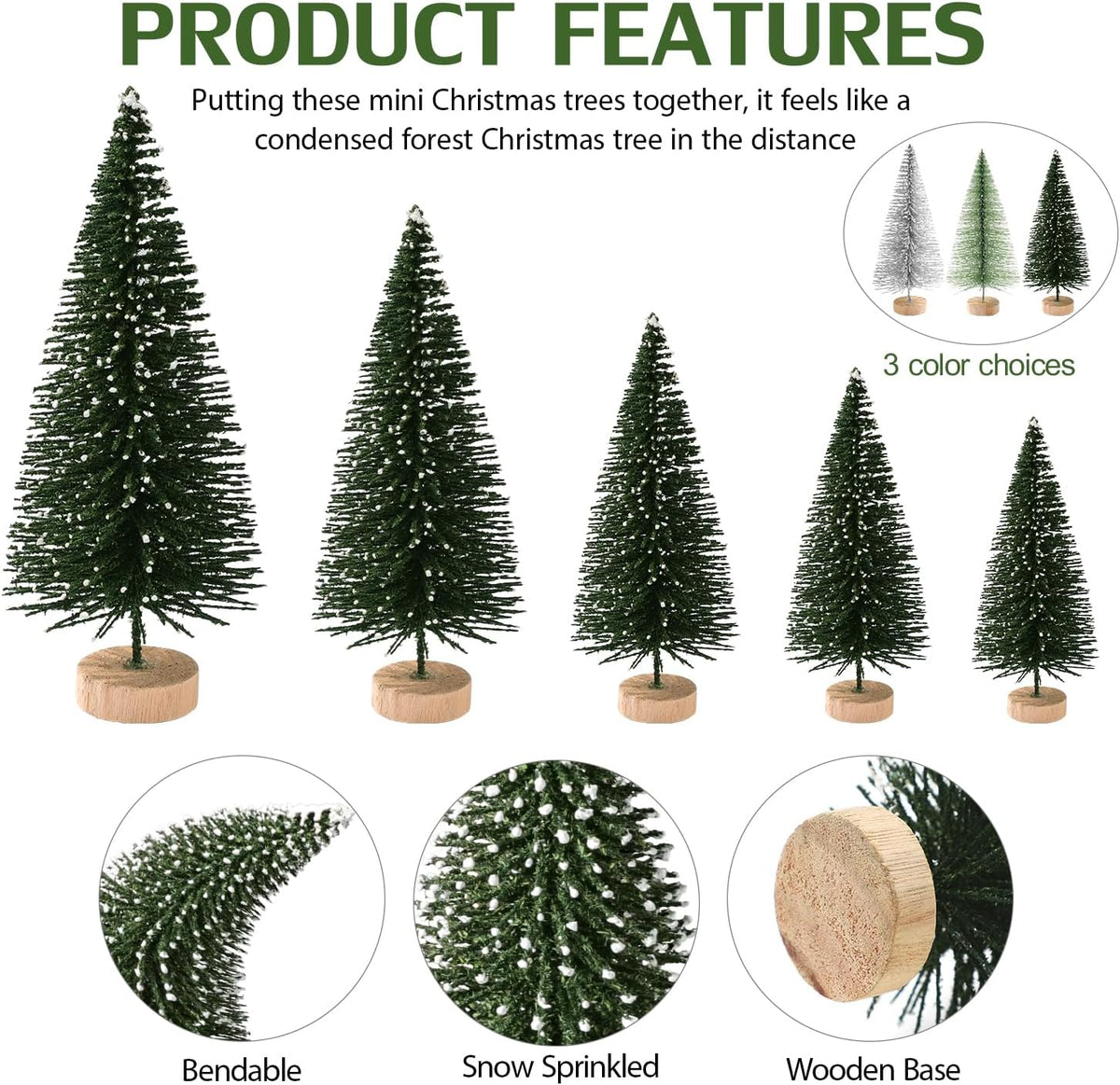 30Pcs Mini Christmas Tree Decor, Artificial Christmas Tree 5 Sizes,Mini Sisal Snow Frost Trees with Wooden Base for Christmas Decor Christmas Party Home Table Craft Decorations (A-Green/Silver)