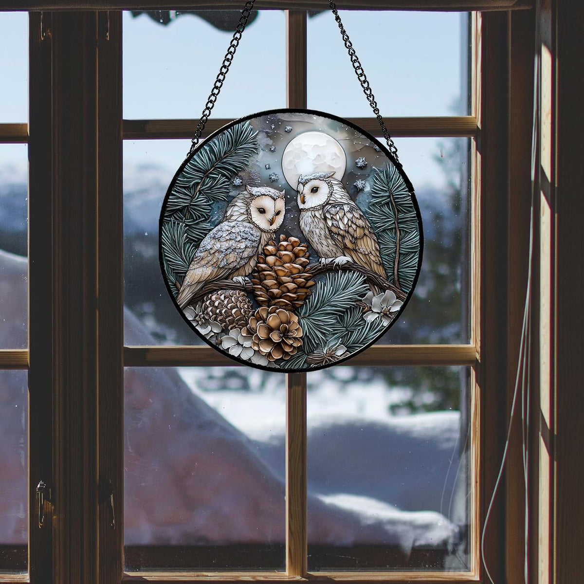 Owl Pinecones Forest Stained Glass Window Hanging Suncatcher Gifts 6.3"
