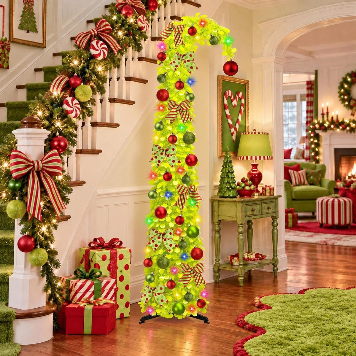 N&T NIETING 6Ft Whimsical Pop Up Christmas Tree with Lights & Hanging Ornaments, Collapsible Bendable Tinsel Tree for Apartment Porch Office Indoor Home Party Holiday Decor