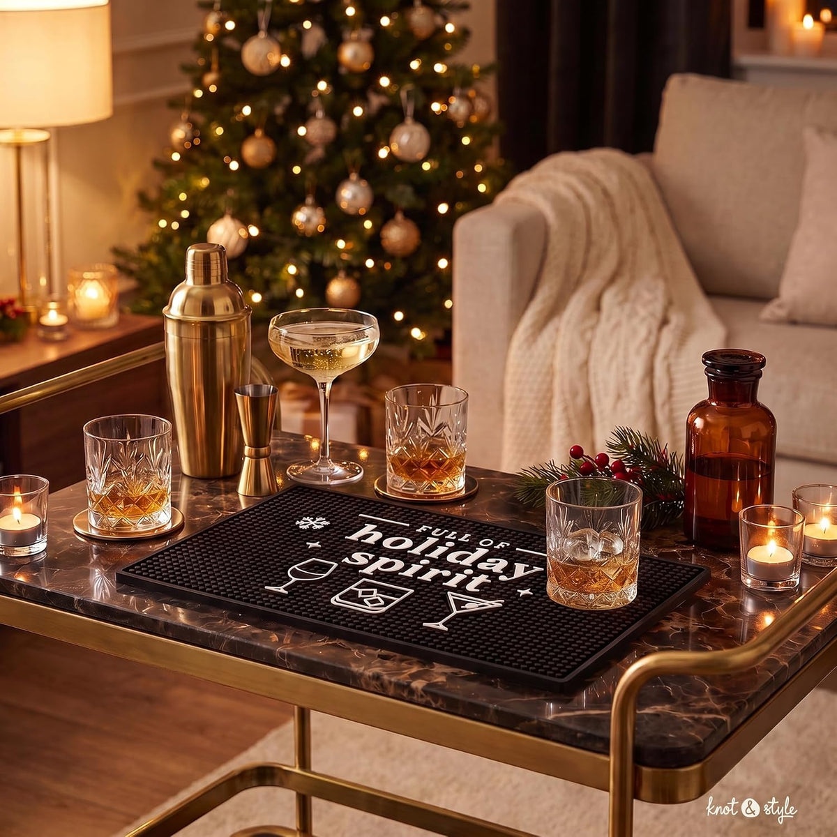 Christmas Bar Mat, Full of Holiday Spirit Bar Cart Decor, 18 x 12 in Rubber