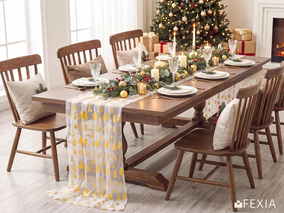 FEXIA Christmas Table Runner, White Tulle Gold Tree Runner, 28x120 Inch
