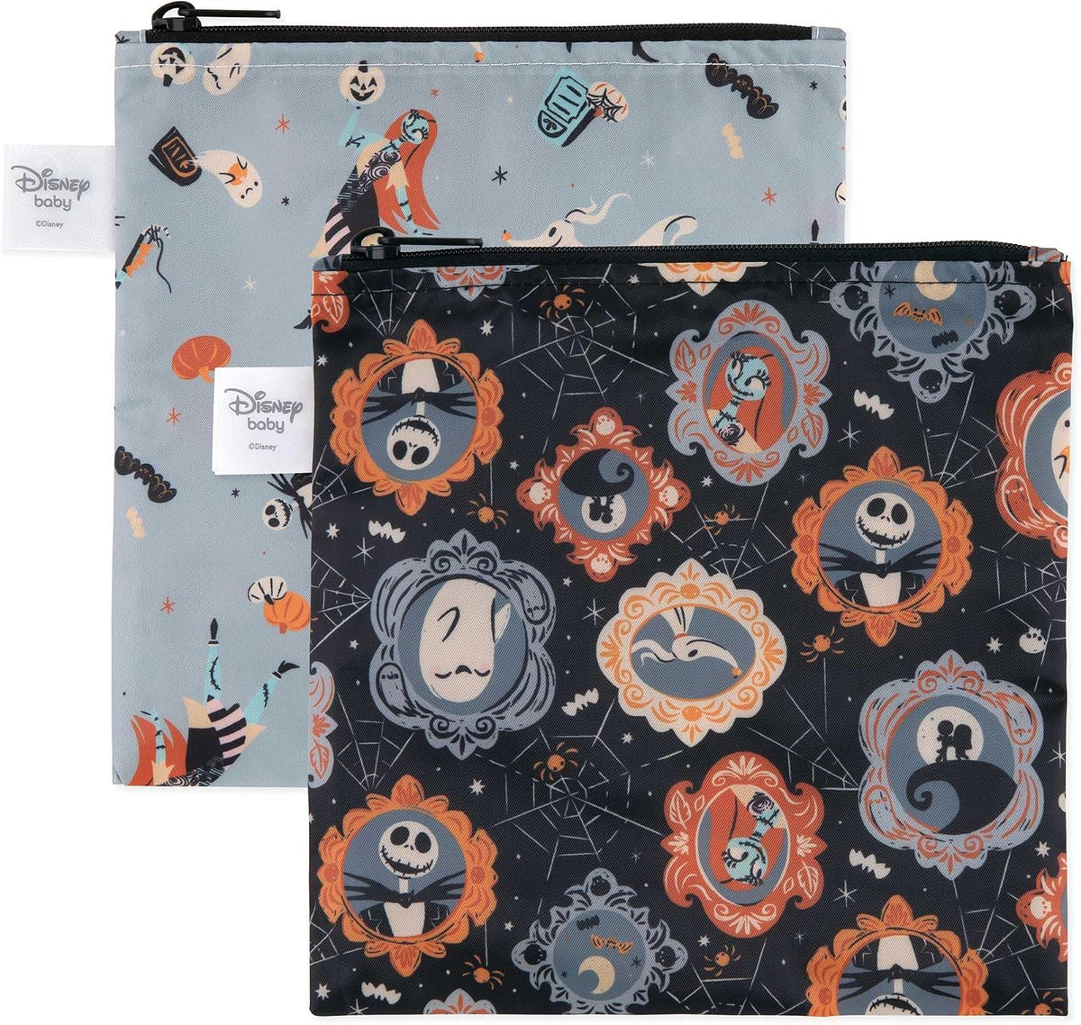 Bumkins Disney Reusable Sandwich and Snack Bags, for Kids School Lunch and for Adults Portion, Washable Fabric, Waterproof Cloth Zip Bag, Travel Pouch, Food Storage, 2-pk Nightmare Before Christmas