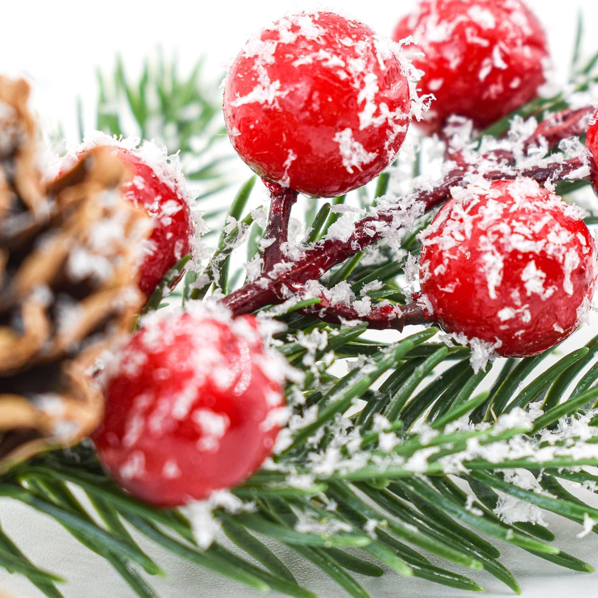 12PCS Christmas Berries Pine Cones Artificial Tree Picks Christmas Decorations with Snow Covered Evergreen Pine Branches for Holiday Family Gathering Craft Gift Wrap Decor