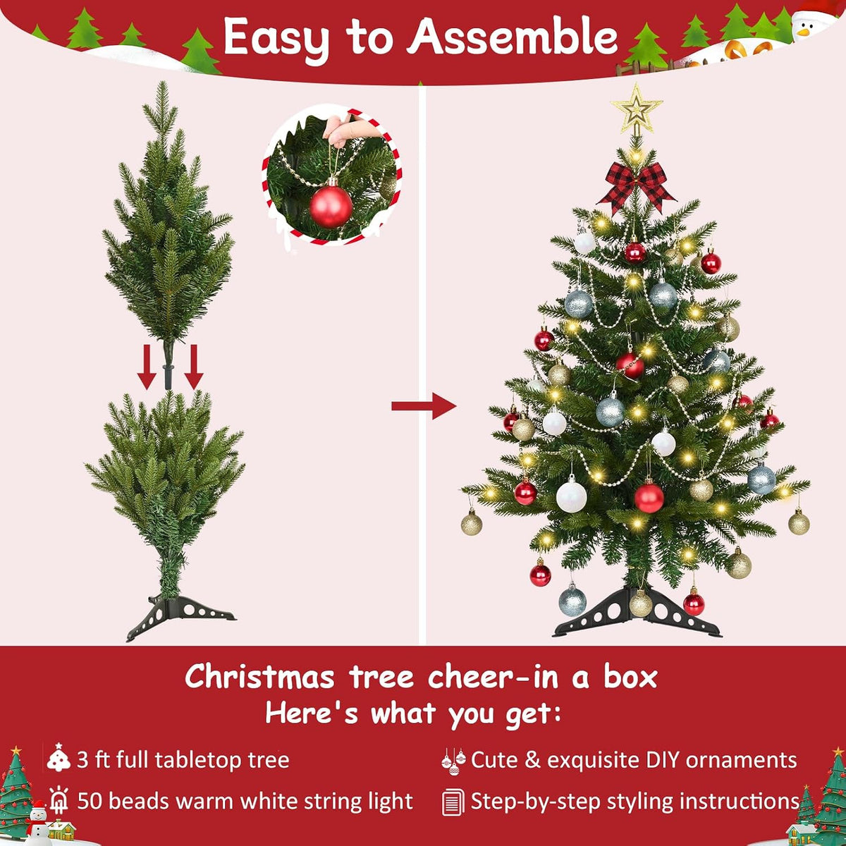 Uspring 3FT Small Christmas Tree with Lights, Artificial Table Top Christmas Tree with 50 LED Lights and Hanging DIY Ornaments, Mini Xmas Trees for Indoor Holiday Home Party Decorations