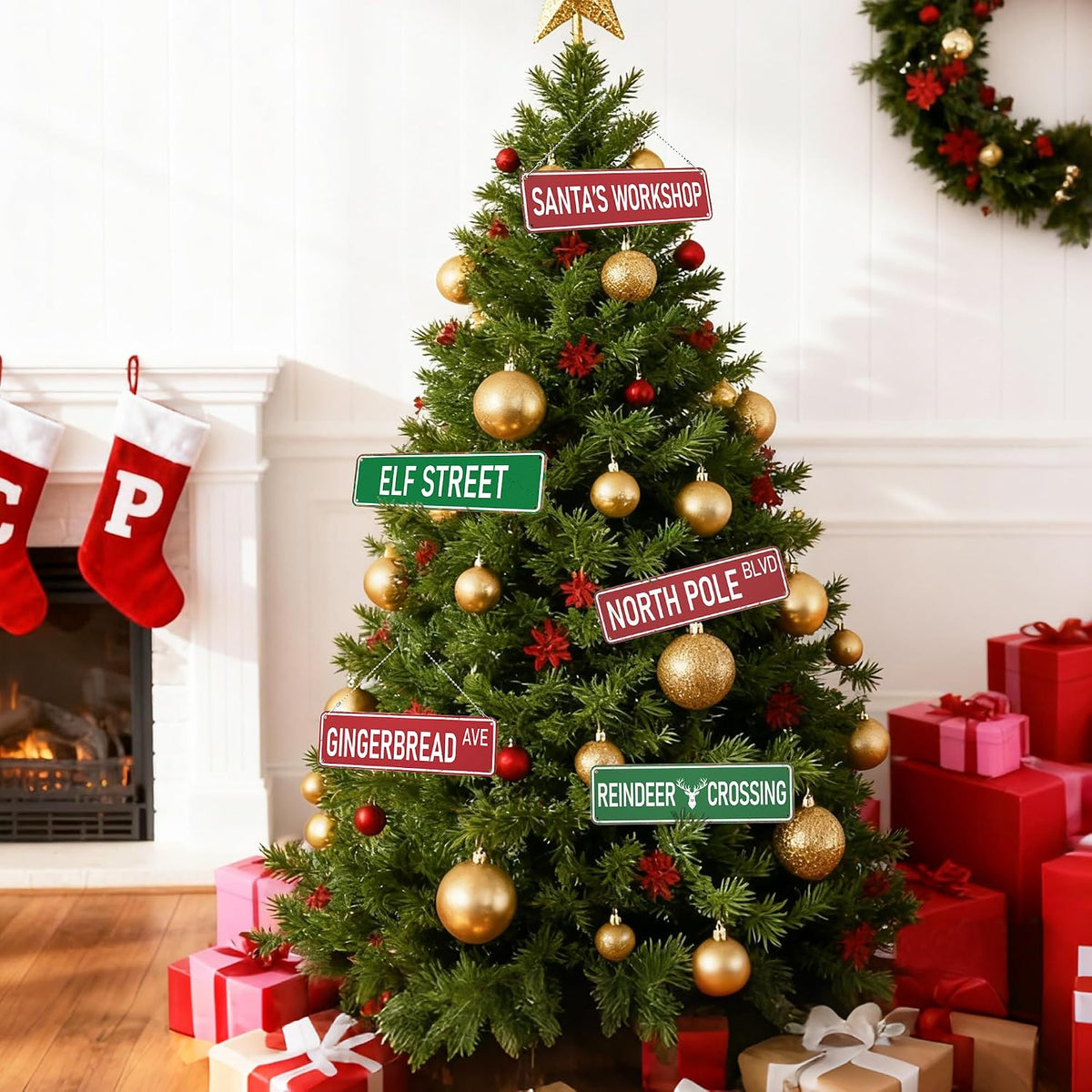 Candy Cane Lane Christmas Decorations 8 Pack, Double-Sided Vintage Street Signs of North Pole/Santaâ€™s Workshop/Gingerbread & More, All-Weather Outdoor Christmas Signs Yard Tree Ornament, 4 x 14 Inch
