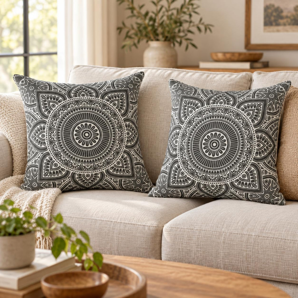 TreeWool 2-Pack Cotton Mandala Throw Pillow Covers (18" x 18" | Graphite)