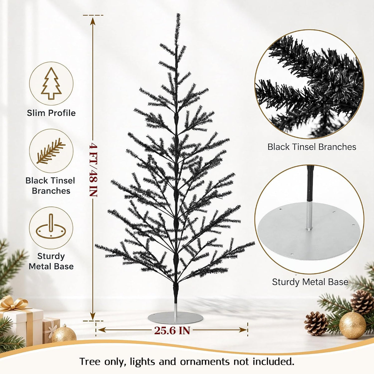 4ft Black Christmas Tree, Retro Aluminum Christmas Tree, Tinsel Trees